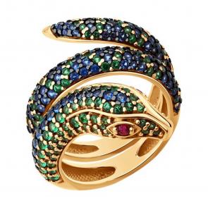 Кольцо из золочёного серебра Символ года Змея Diamant с фианитом и сапфировым корундом 93-110-02300-1 фото