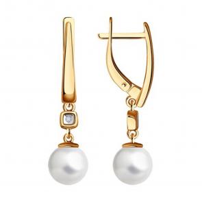 Серьги из золочёного серебра Diamant с бриллиантом и жемчугом 93-221-01798-1 фото
