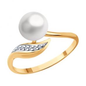 Кольцо из золочёного серебра Diamant с фианитом и жемчугом 93-310-01934-1 фото