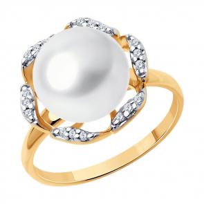 Кольцо из золочёного серебра Diamant с фианитом и жемчугом 93-310-01963-1 фото