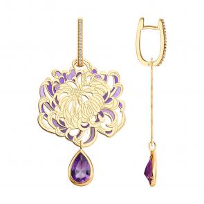 Серьги-трансформеры из золочёного серебра Diamant с ситаллом цвета Аметист, фианитом и витражной эмалью 93-321-01779-1 фото