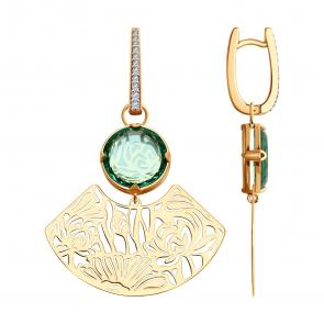 Серьги-трансформеры из золочёного серебра Diamant с ситаллом цвета Цаворит и фианитом 93-321-01888-1 фото