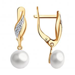 Серьги из золочёного серебра Diamant с фианитом и жемчугом 93-321-01934-1 фото