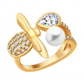 Кольцо из золочёного серебра SOKOLOV с фианитом и жемчугом 93010752 фото