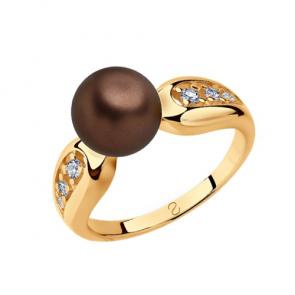 Кольцо из золочёного серебра SOKOLOV с фианитом и жемчугом Swarovski 93010778 фото