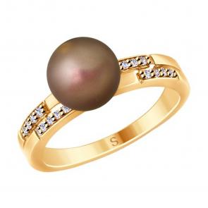 Кольцо из золочёного серебра SOKOLOV с фианитом и жемчугом Swarovski 93010779 фото