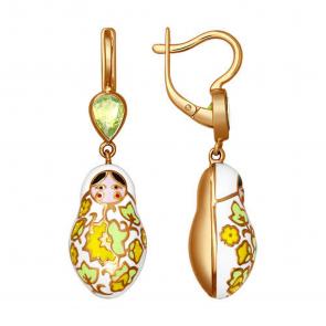 Серьги из золочёного серебра SOKOLOV с фианитом, хризолитом и эмалью 93020452 фото