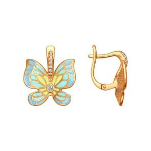 Серьги из золочёного серебра SOKOLOV с фианитом и эмалью 93020591 фото