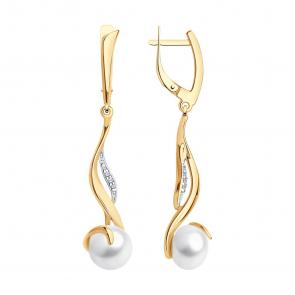 Серьги из золочёного серебра SOKOLOV с фианитом и жемчугом 93020788 фото