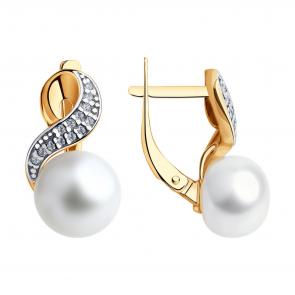 Серьги из золочёного серебра SOKOLOV с фианитом и жемчугом 93020789 фото
