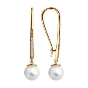Серьги из золочёного серебра SOKOLOV с фианитом и жемчугом 93021189 фото