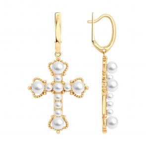 Серьги-кресты из золочёного серебра SOKOLOV с жемчугом 93022527 фото