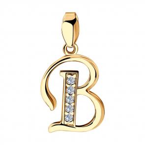 Подвеска-буква В из золочёного серебра SOKOLOV с фианитом 93030532 фото