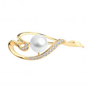 Брошь из золочёного серебра SOKOLOV с фианитом и жемчугом 93040006 фото