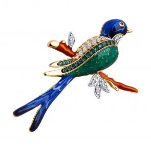 Брошь из золочёного серебра SOKOLOV с фианитом, эмалью и рубиновым корундом 93040047-91 фото