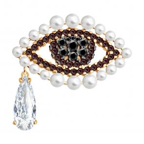 : Брошь из золочёного серебра с синтетическим жемчугом и фианитами 93040064 фото
