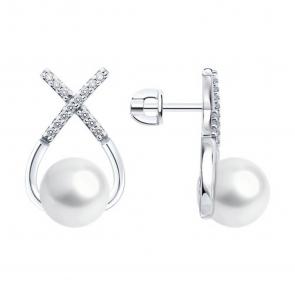 Серебряные серьги Diamant с фианитом и жемчугом 94-122-02360-1 фото