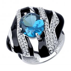 Серебряные кольца Diamant с ситаллом цвета Лондон топаз, фианитом и эмалью 94-310-01606-1 фото