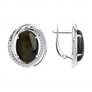 Серебряные серьги Diamant с фианитом и обсидианом 94-320-00962-1 фото