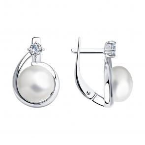 Серебряные серьги Diamant с фианитом и жемчугом 94-320-01111-1 фото