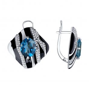 Серебряное серьги Diamant с ситаллом цвета Лондон топаз, фианитом и эмалью 94-320-01606-1 фото