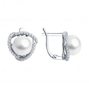 Серебряные серьги Diamant с фианитом и жемчугом 94-320-01922-1 фото