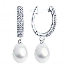 Серебряные серьги Diamant с фианитом и жемчугом 94-320-01952-1 фото