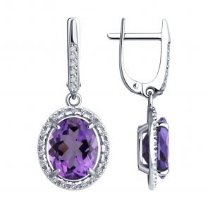 Серебряные серьги Diamant с фианитом и аметистом 94-321-02647-2 фото