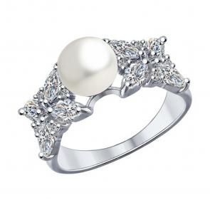 Серебряное кольцо SOKOLOV с фианитом и жемчугом 94012033 фото