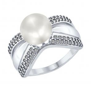 Серебряное кольцо SOKOLOV с фианитом и жемчугом 94012348 фото