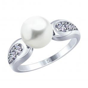 Серебряное кольцо SOKOLOV с фианитом и жемчугом Swarovski 94012649 фото