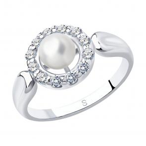 Серебряное кольцо SOKOLOV с фианитом и жемчугом 94012659 фото