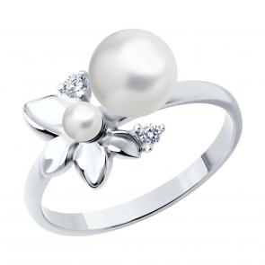 Серебряное кольцо SOKOLOV с фианитом и жемчугом 94012779 фото