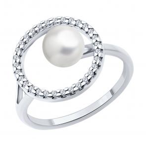 Серебряное кольцо SOKOLOV с фианитом и жемчугом 94014048 фото