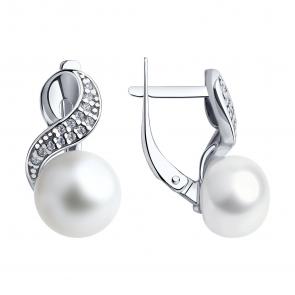 Серебряные серьги SOKOLOV с фианитом и жемчугом 94022592 фото