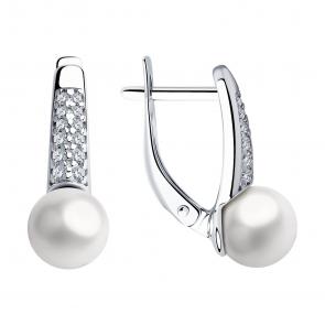 Серебряные серьги SOKOLOV с фианитом и жемчугом 94023485 фото