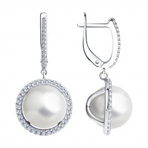 Серебряные серьги SOKOLOV с фианитом и жемчугом 94023734 фото