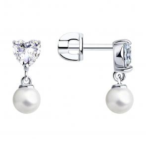 Серебряные серьги SOKOLOV с фианитом и жемчугом Swarovski 94025616 фото