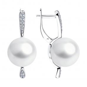 Серебряные серьги SOKOLOV с фианитом и жемчугом 94025827 фото
