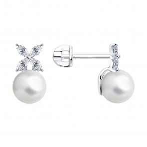 Серебряные серьги SOKOLOV с фианитом и жемчугом 94026050 фото