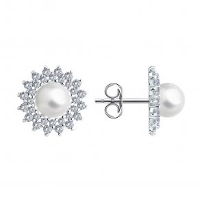 Серебряные серьги SOKOLOV с фианитом и жемчугом 94026065-91 фото