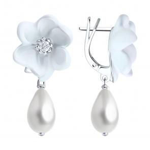 Серебряные серьги SOKOLOV с фианитом, жемчугом и эмалью 94026908 фото