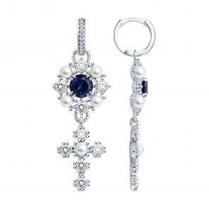 Серебряные серьги-трансформеры SOKOLOV с жемчугом фианитом и сапфировым корундом 94027323 фото