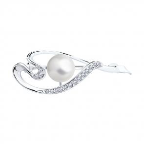 Серебряная брошь SOKOLOV с фианитом и жемчугом 94040037 фото