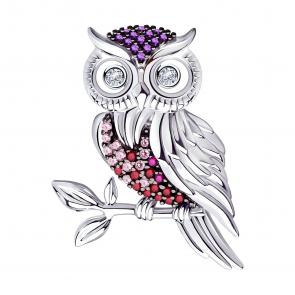 Серебряная брошь SOKOLOV с фианитом и рубиновым корундом 94040177 фото