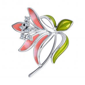 Серебряная брошь SOKOLOV с фианитом и эмалью 94040199 фото