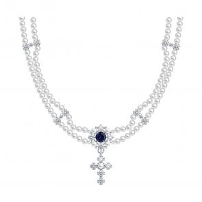 : Колье из серебра с синтетическим жемчугом, корундом и фианитами 94071406 фото