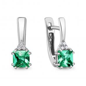 Серьги из белого золота AQUAMARINE с бриллиантом и гидротермальным изумрудом 943395и фото