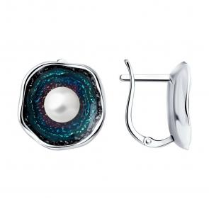 Серьги из черненого серебра Diamant с жемчугом и эмалью 95-320-01778-1 фото