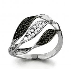 Кольцо из белого золота AQUAMARINE с бриллиантом и чёрным бриллиантом 961575Ч фото